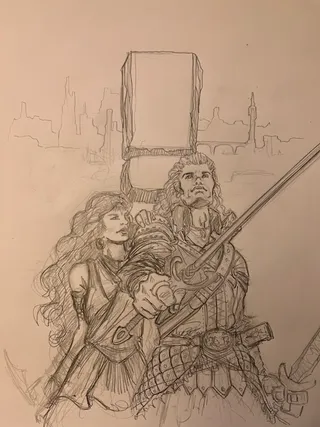 Un premier dessin exploratoire réalisé à main levée par Xavier Drago, mon illustrateur préféré, pour la couverture de Port-Xanthor, révélant tout son talent.